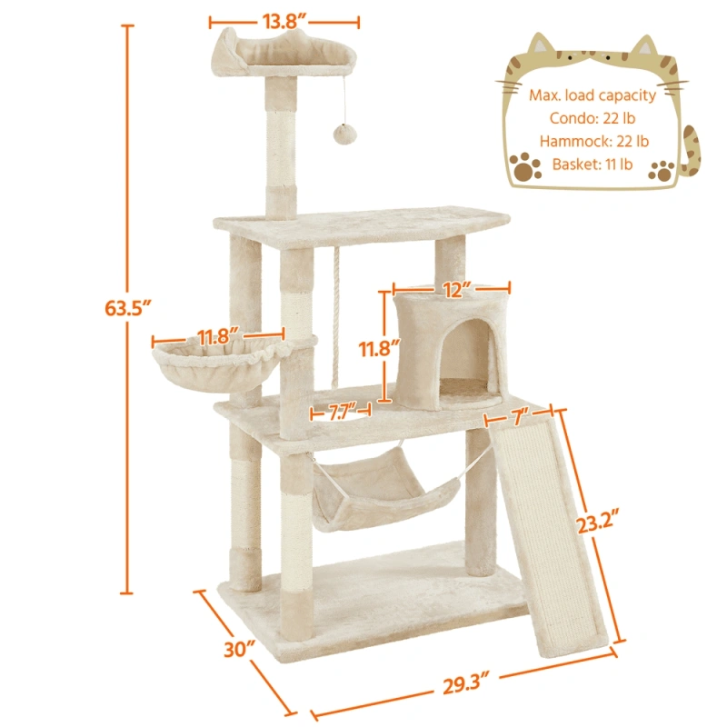 SMILE MART Cat Tree with Condo and Scratching Post Tower, Beige, 61"