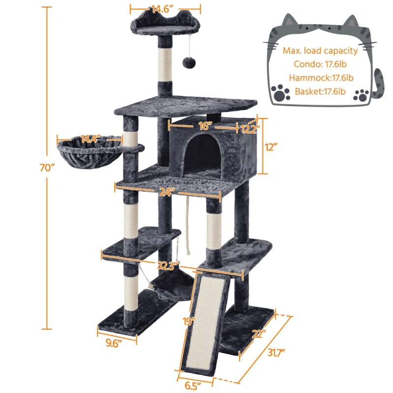 Pawscoo 70" Cat Tree with Condo and Scratching Post Tower, Dark Gray