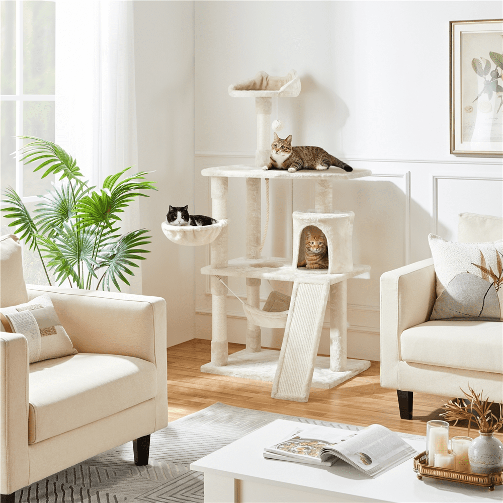 SMILE MART Cat Tree with Condo and Scratching Post Tower, Beige, 61"