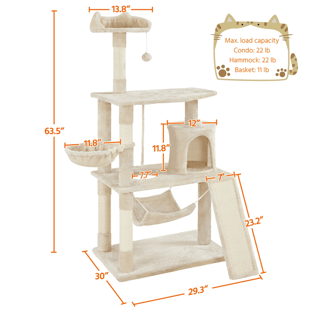 SMILE MART Cat Tree with Condo and Scratching Post Tower, Beige, 61"