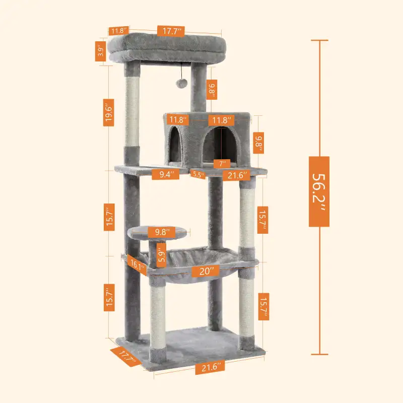 Pawz Road Cat Tree for Large Cats 56"Tall Cat Tower Condo with Scratching Post for Indoor Cats