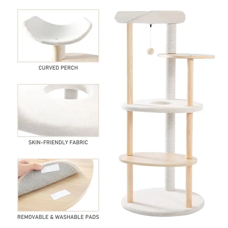 (Do Not Sell on Amazon) Multi-Level Cat Tree Modern Cat Tower Wooden Activity Center with Scratching Posts Beige