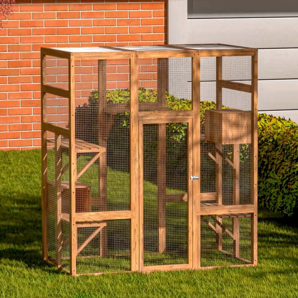 Outdoor Cat Enclosure, Large Wood Cat Cage with Sunlight Top Panel, Perches, Sleeping Boxes, Pet Playpen, Orange