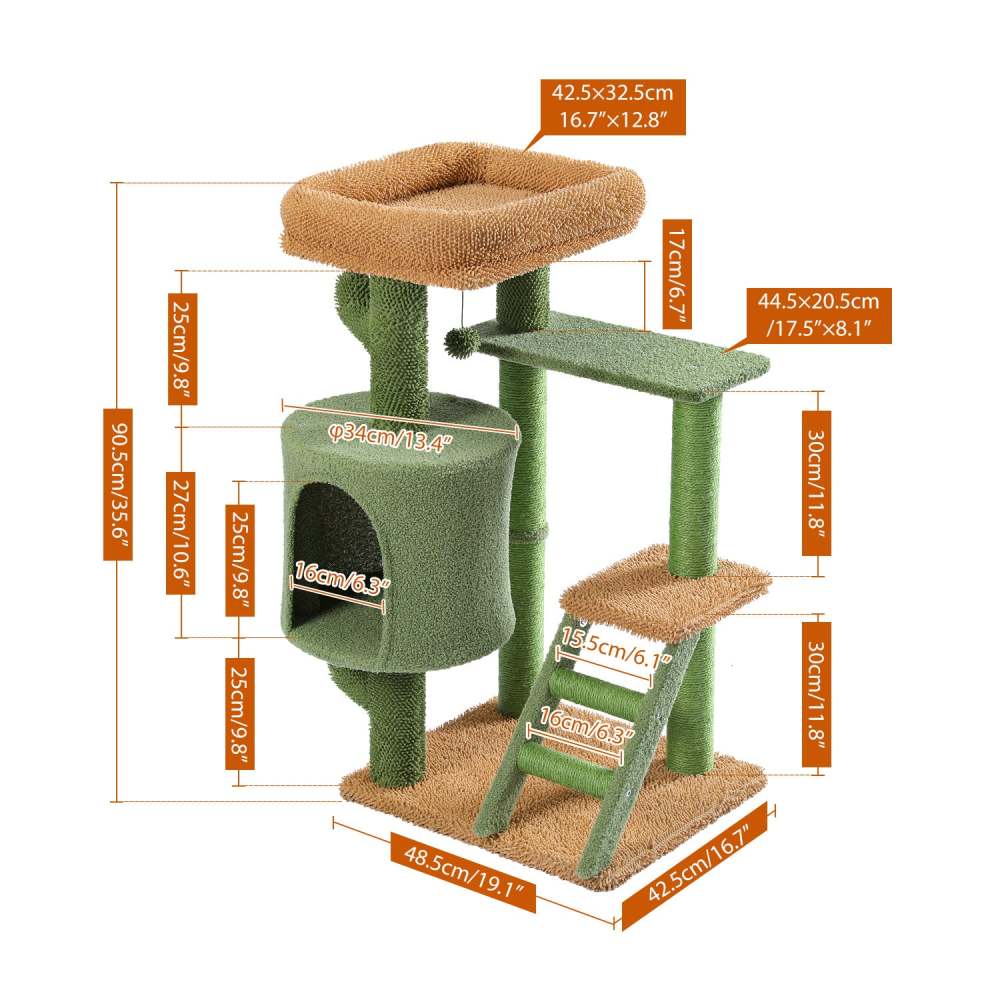 Unique Cactus Cat Tree Cat Tower with Sisal Covered Scratching Post, Cozy Condo, Plush Perches, Hanging Toy and Climbing Ladder