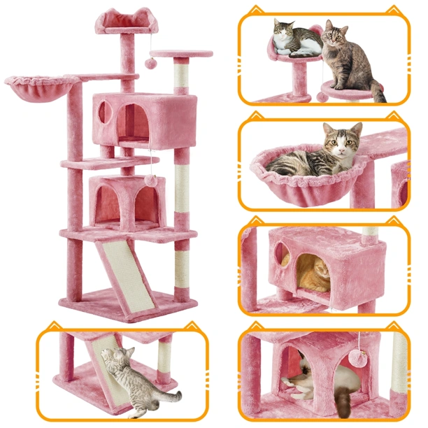 54" Double Condo Cat Tree with Scratching Post Tower, Pink