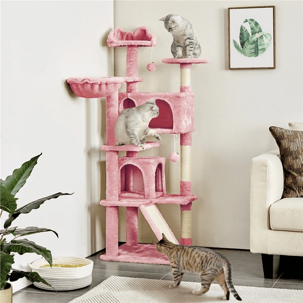 54" Double Condo Cat Tree with Scratching Post Tower, Pink