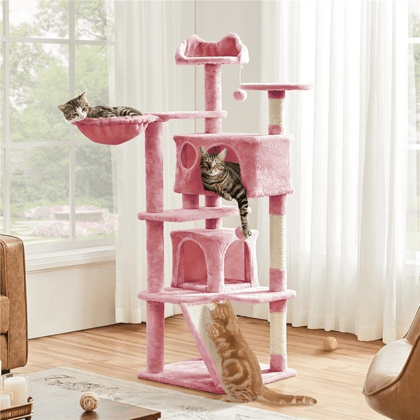 54" Double Condo Cat Tree with Scratching Post Tower, Pink