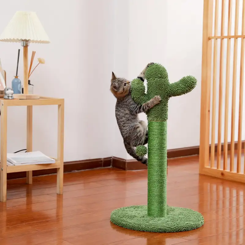 Cactus Cat Tree Scratcher With Sisal Scratching Post Interactive Ball Green
