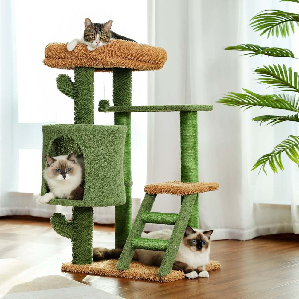 Unique Cactus Cat Tree Cat Tower with Sisal Covered Scratching Post, Cozy Condo, Plush Perches, Hanging Toy and Climbing Ladder