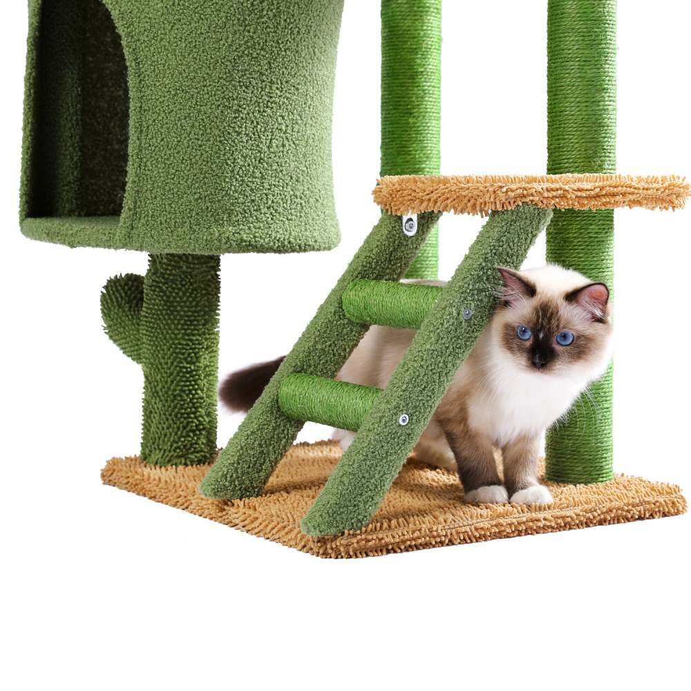 Unique Cactus Cat Tree Cat Tower with Sisal Covered Scratching Post, Cozy Condo, Plush Perches, Hanging Toy and Climbing Ladder