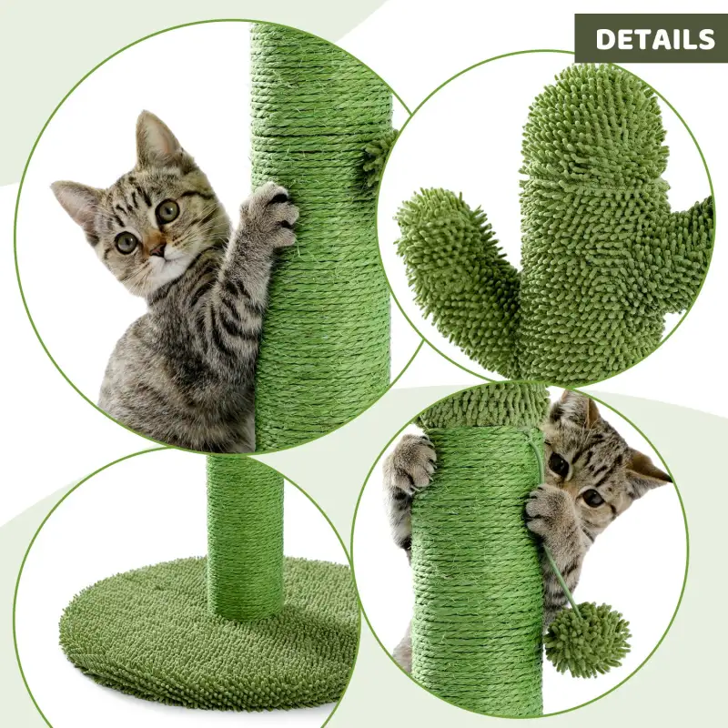 Cactus Cat Tree Scratcher With Sisal Scratching Post Interactive Ball Green