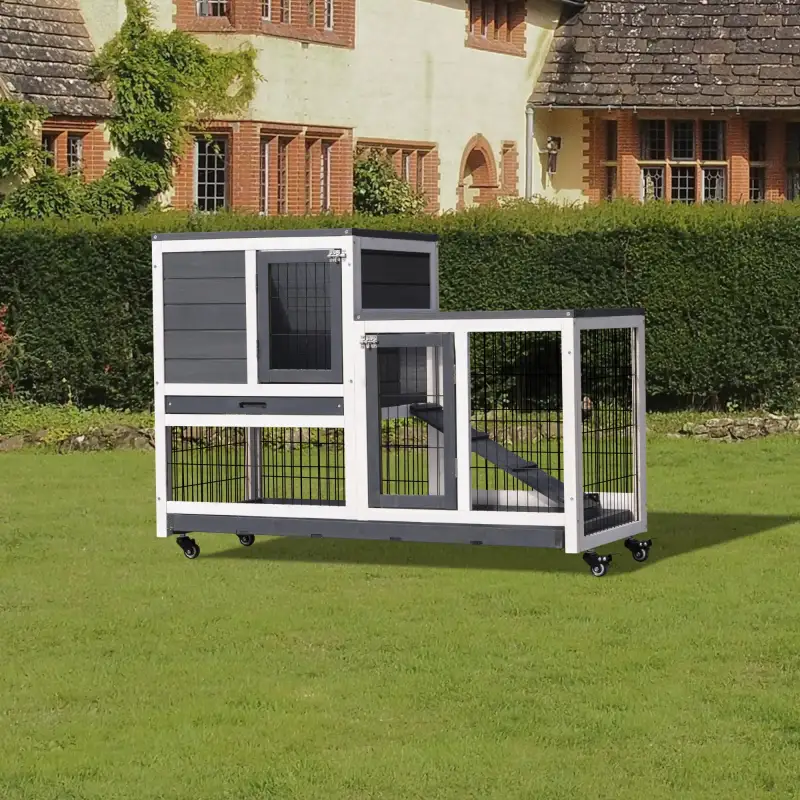 Removable Tray Ramp wooden outdoor rabbit hutch small animal coop with running cage with Enclosed Run with Wheels, Ramp, Removable Tray Ideal