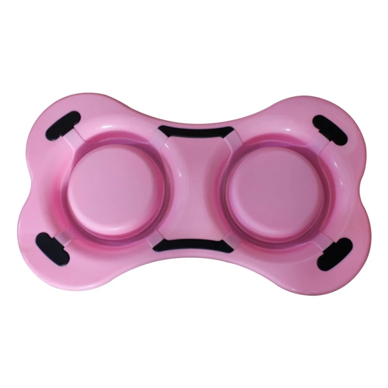 Bone Shaped Plastic Pet Double Diner with Stainless Steel Bowls; Pink and Silver-Set of 4
