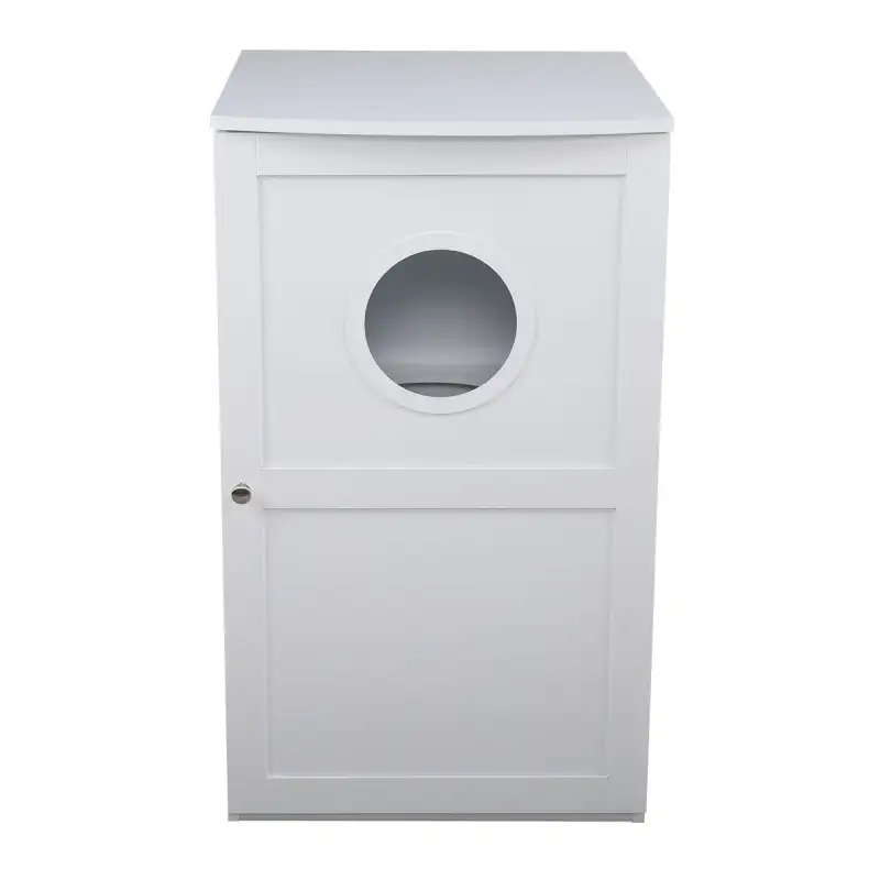 2-Tier Functional Wood Cat Washroom Litter Box Cover with Multiple Vents, a Round Entrance, Openable Door, White XH