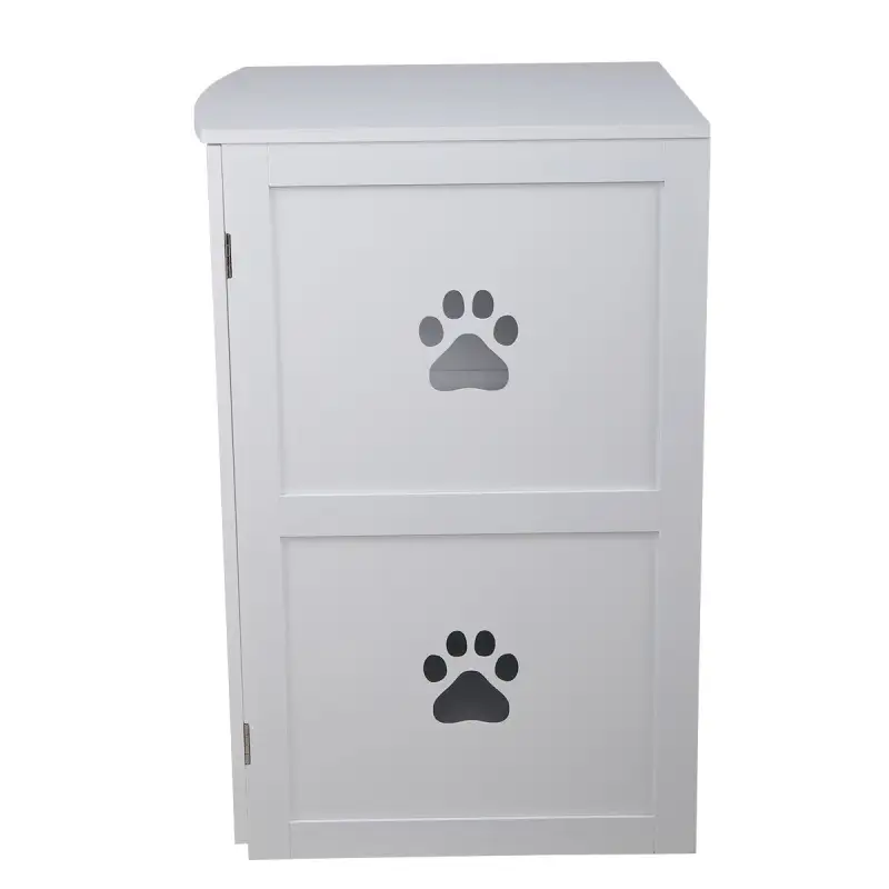 2-Tier Functional Wood Cat Washroom Litter Box Cover with Multiple Vents, a Round Entrance, Openable Door, White XH