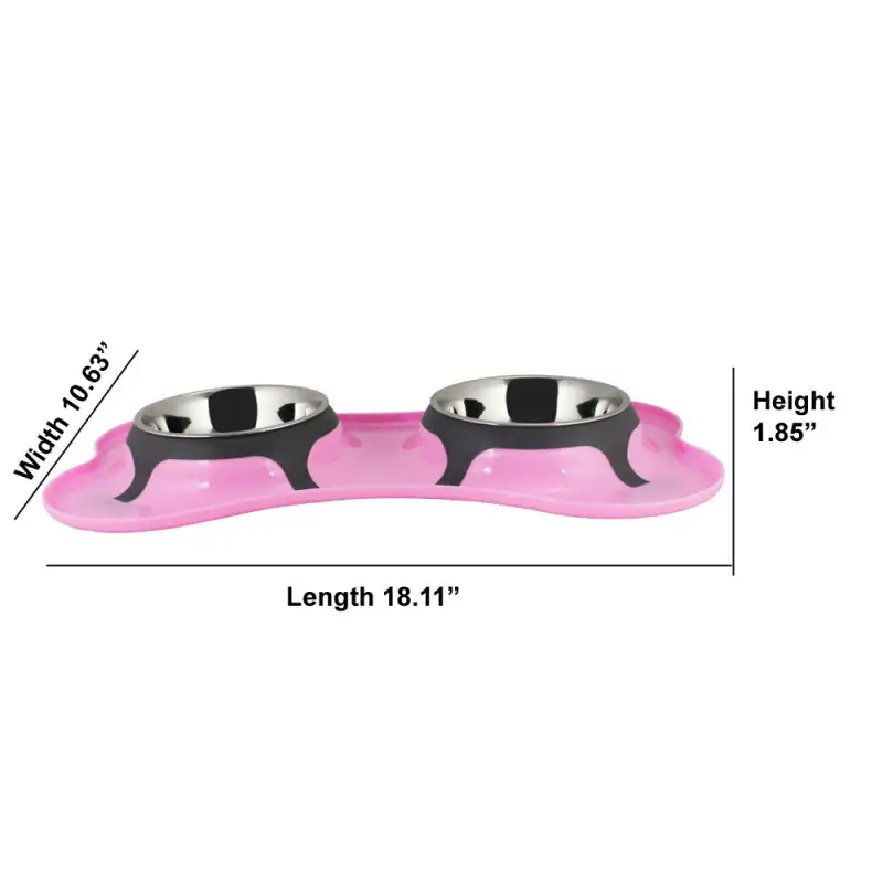 Bone Shaped Plastic Pet Double Diner with Stainless Steel Bowls; Pink and Silver-Set of 4