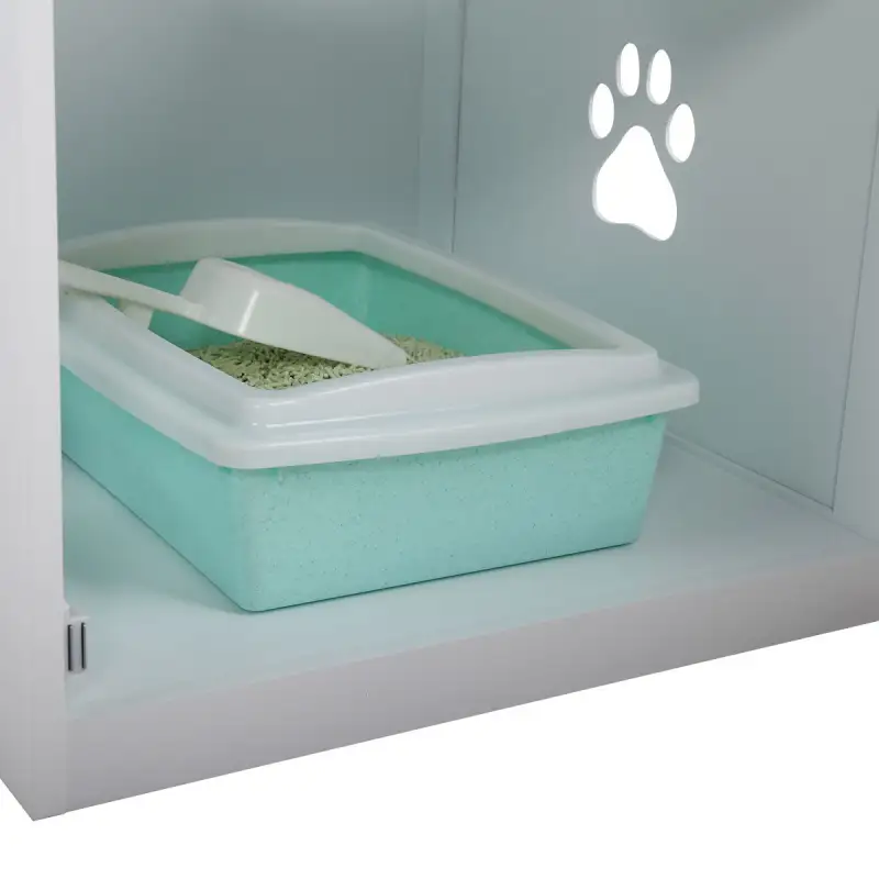 2-Tier Functional Wood Cat Washroom Litter Box Cover with Multiple Vents, a Round Entrance, Openable Door, White XH