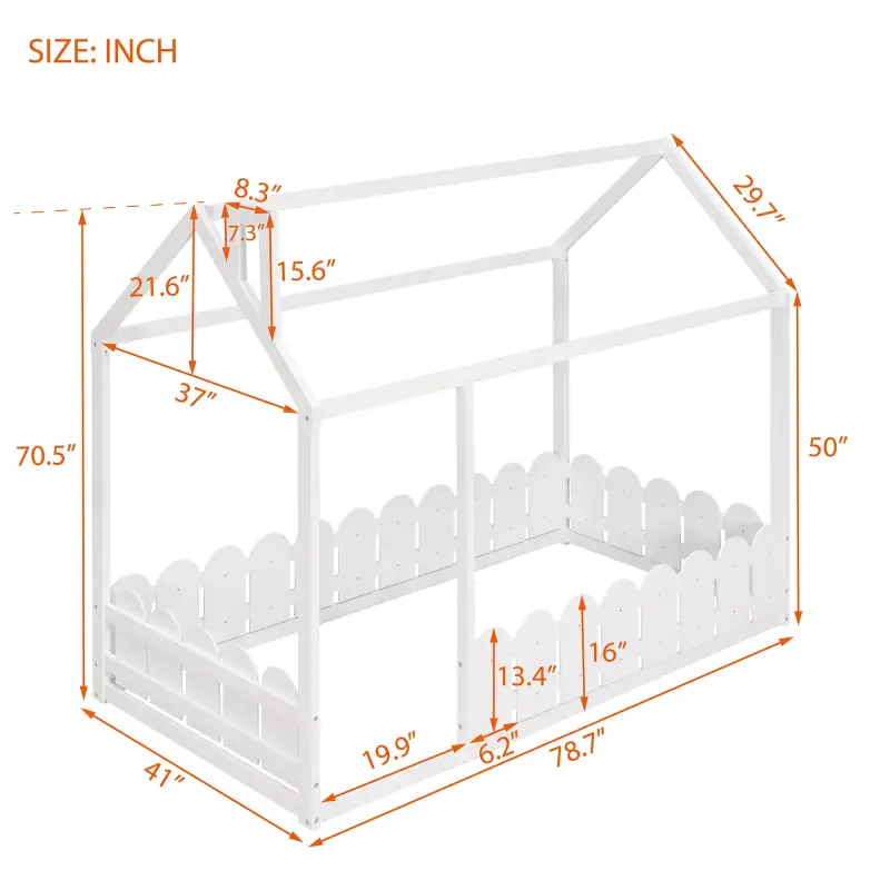(Slats are not included) Twin Size Wood Bed House Bed Frame with Fence;  for Kids;  Teens;  Girls;  Boys