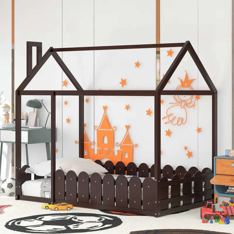 (Slats are not included) Twin Size Wood Bed House Bed Frame with Fence;  for Kids;  Teens;  Girls;  Boys