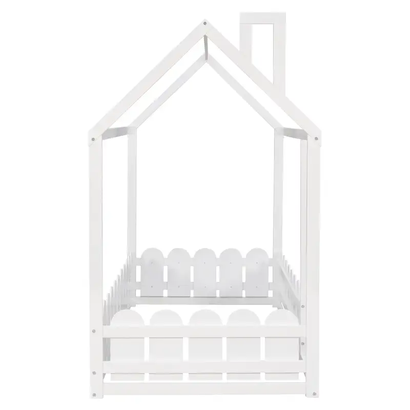 (Slats are not included) Twin Size Wood Bed House Bed Frame with Fence;  for Kids;  Teens;  Girls;  Boys