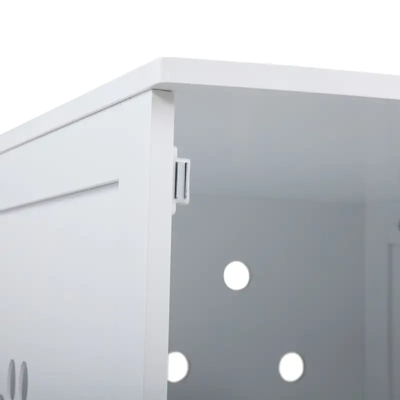 2-Tier Functional Wood Cat Washroom Litter Box Cover with Multiple Vents, a Round Entrance, Openable Door, White XH