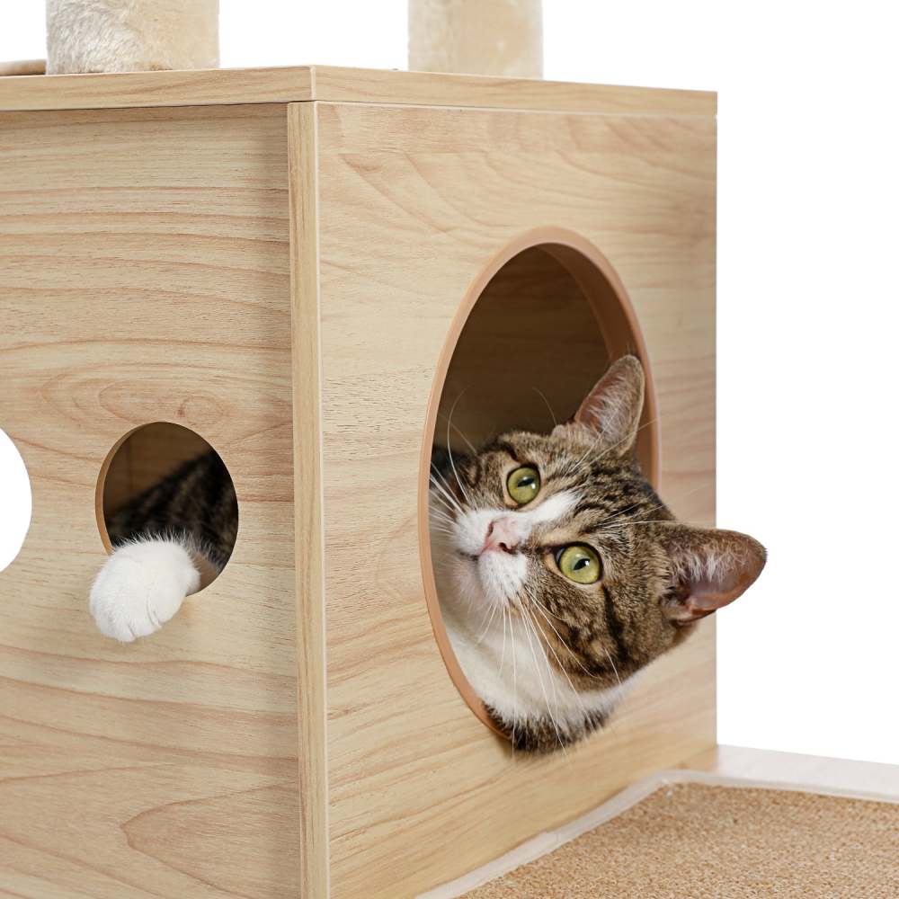 (Do Not Sell on Amazon) Modern Luxury Cat Tree Wooden Multi-Level Cat Tower Cat Sky Castle With 2 Cozy Condos;  Cozy Perch;  Spacious Hammock And Interactive Dangling Ball