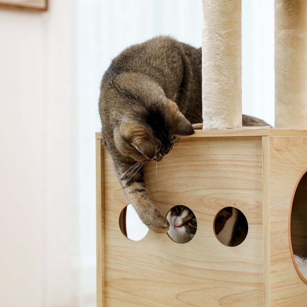 (Do Not Sell on Amazon) Modern Luxury Cat Tree Wooden Multi-Level Cat Tower Cat Sky Castle With 2 Cozy Condos;  Cozy Perch;  Spacious Hammock And Interactive Dangling Ball