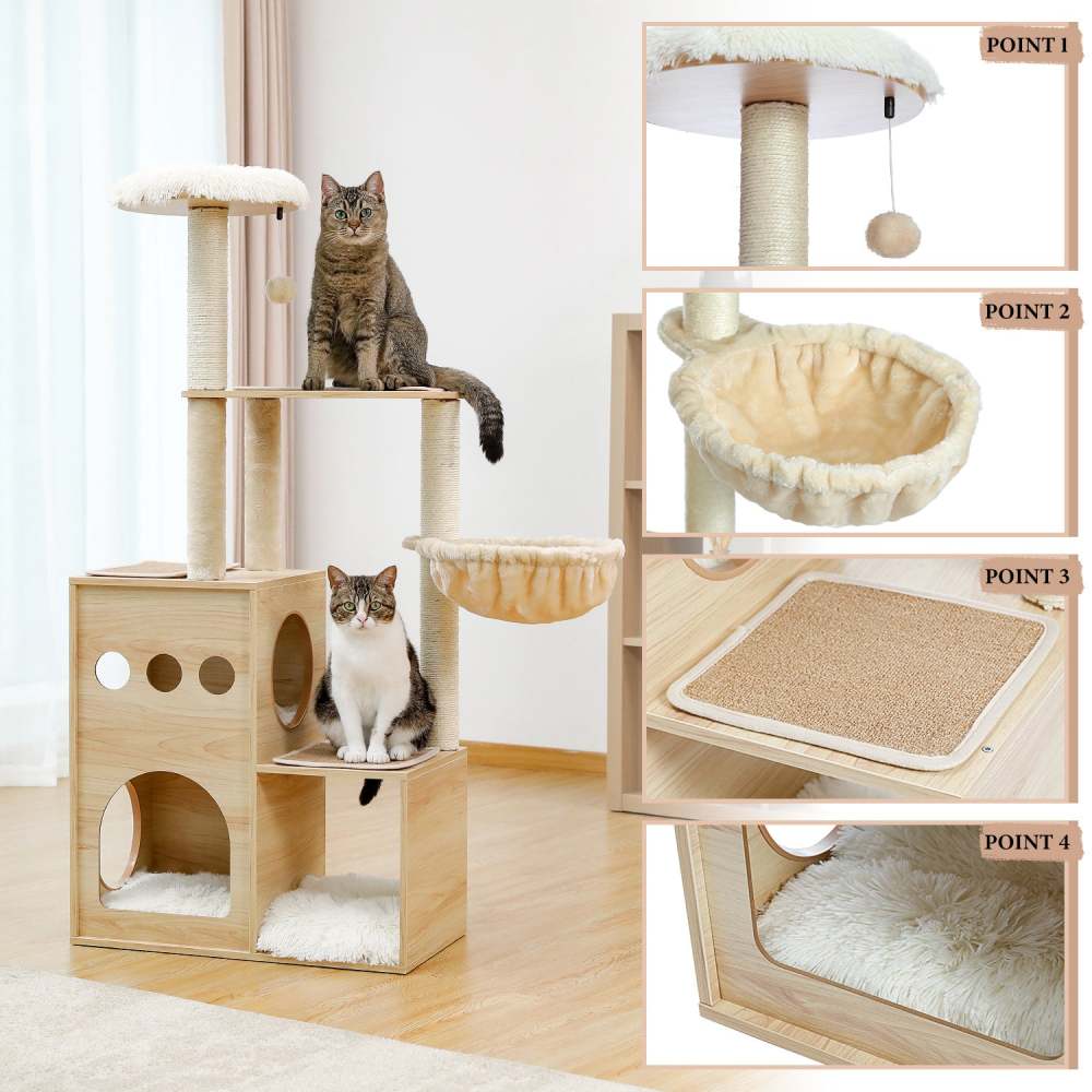 (Do Not Sell on Amazon) Modern Luxury Cat Tree Wooden Multi-Level Cat Tower Cat Sky Castle With 2 Cozy Condos;  Cozy Perch;  Spacious Hammock And Interactive Dangling Ball