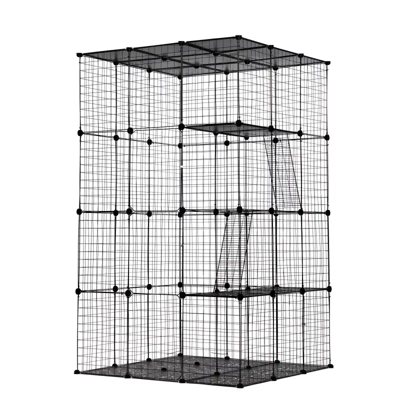 3-Tier Wire Cat Cage, Large Kennels Playpen with 3 Platforms, 3 Ramp Ladders and 4 Doors, 42" x 42" x 72", Black XH