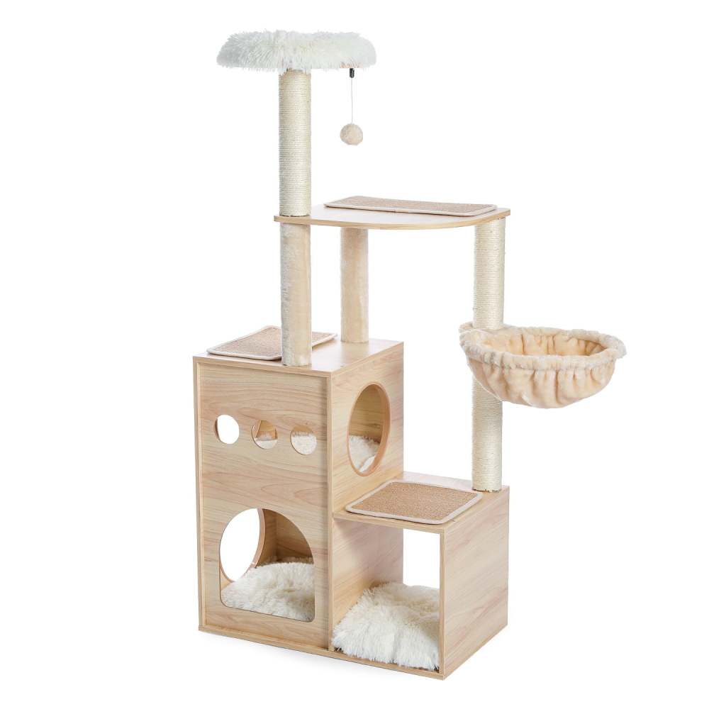 (Do Not Sell on Amazon) Modern Luxury Cat Tree Wooden Multi-Level Cat Tower Cat Sky Castle With 2 Cozy Condos;  Cozy Perch;  Spacious Hammock And Interactive Dangling Ball