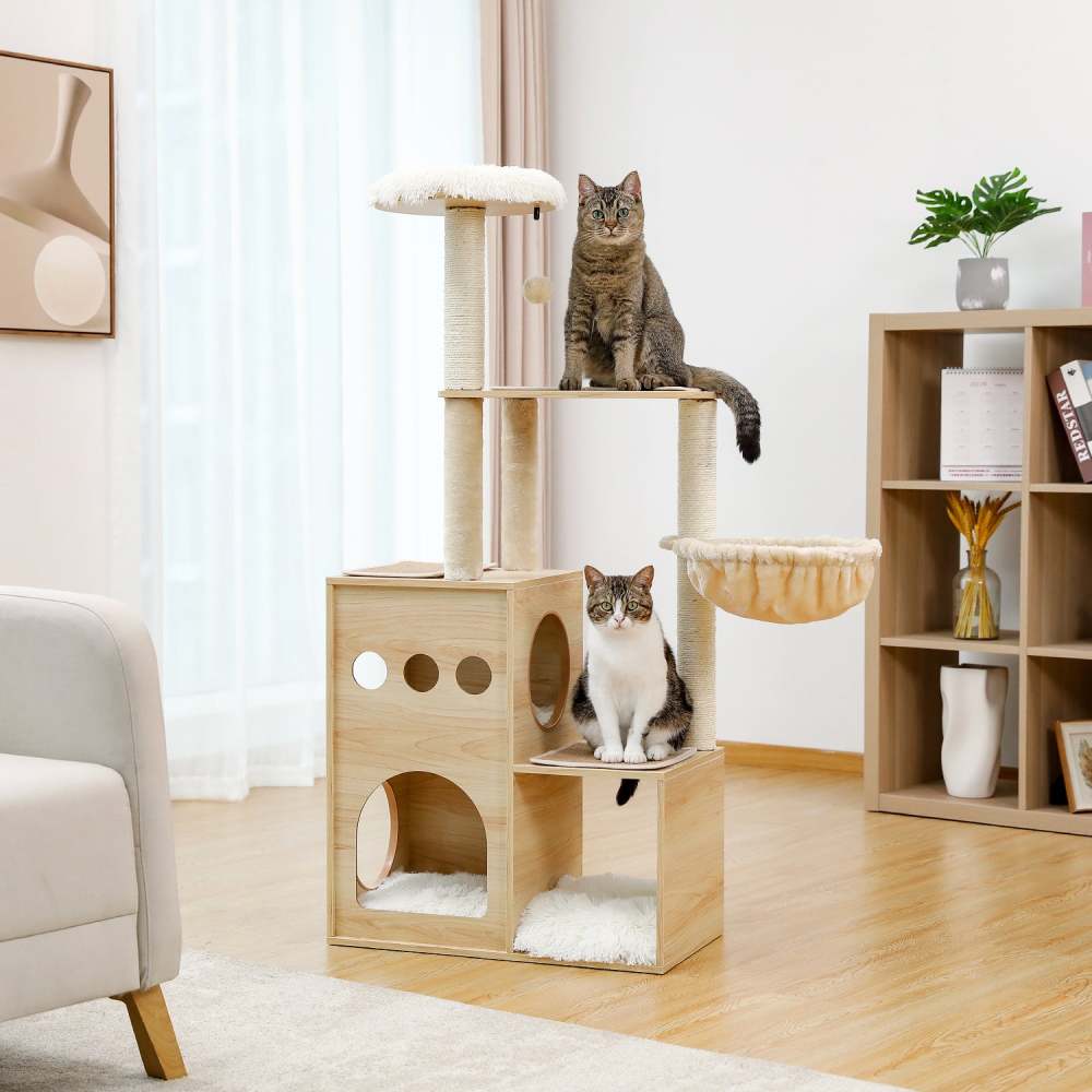 (Do Not Sell on Amazon) Modern Luxury Cat Tree Wooden Multi-Level Cat Tower Cat Sky Castle With 2 Cozy Condos;  Cozy Perch;  Spacious Hammock And Interactive Dangling Ball