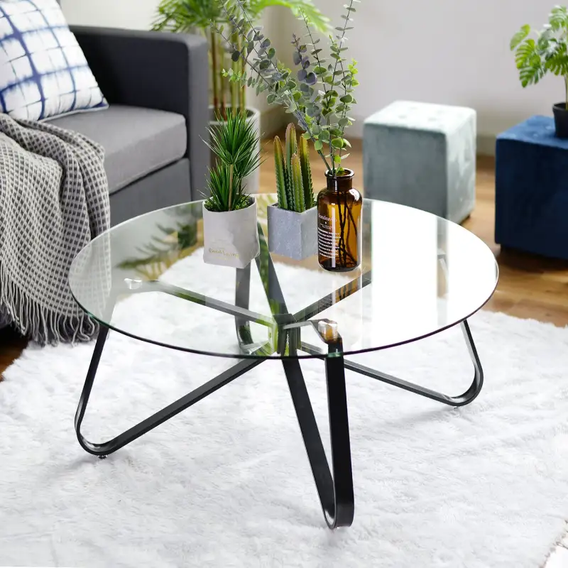 Round Coffee Table for Living Room; 31.5-inch Modern Sofa Side End Table with Tempered Glass Top & Metal Legs; Accent Cocktail Tea Table; 31.5 x 31.5 x 15.6 inches; Black