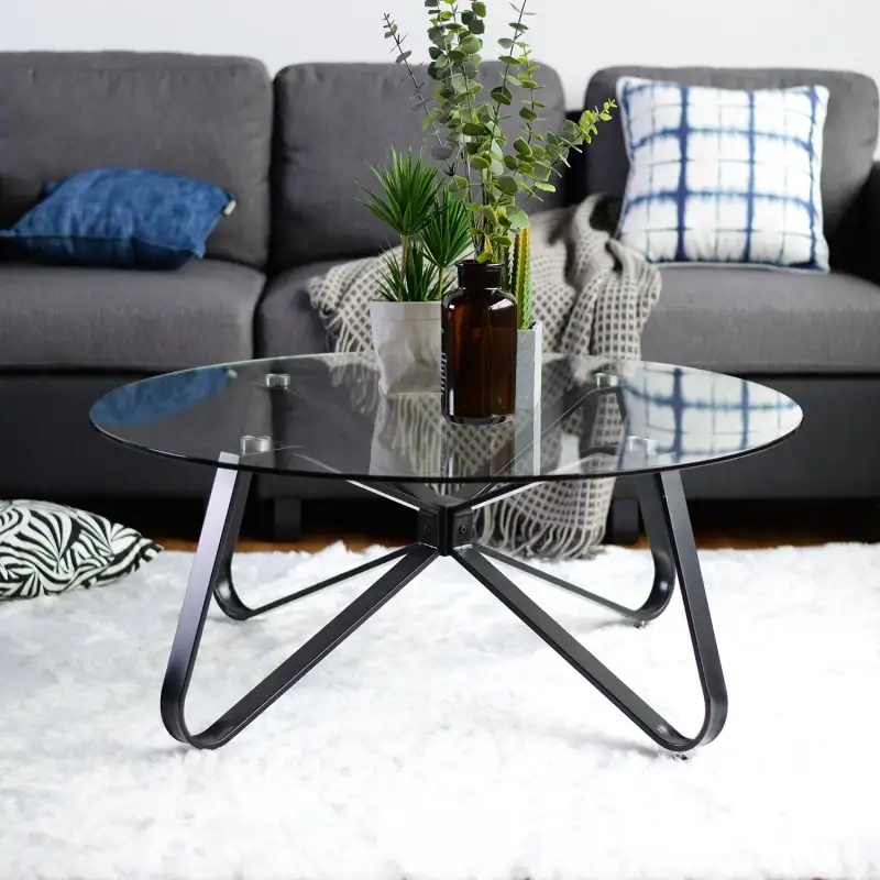 Round Coffee Table for Living Room; 31.5-inch Modern Sofa Side End Table with Tempered Glass Top & Metal Legs; Accent Cocktail Tea Table; 31.5 x 31.5 x 15.6 inches; Black