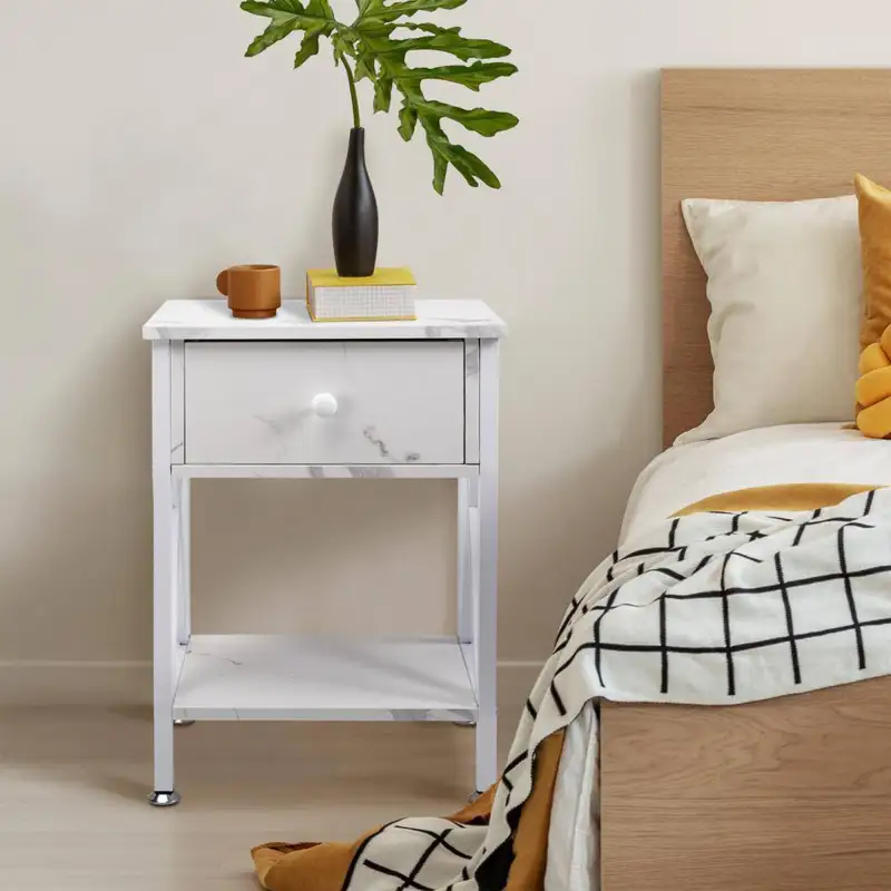 Nightstand with Drawer and Open Storage Shelves; Bedside End Table for Bedroom Living Room; White