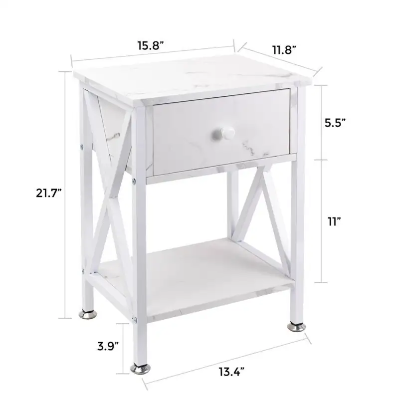 Nightstand with Drawer and Open Storage Shelves; Bedside End Table for Bedroom Living Room; White