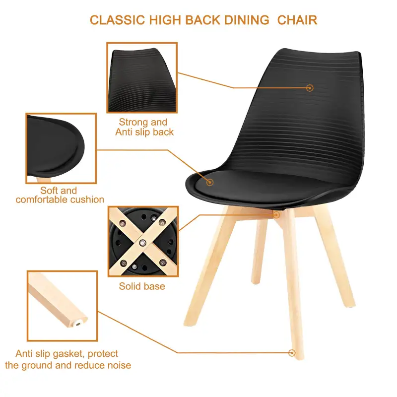 Mid Century Modern Dining Chairs, with Wood Legs, Armless Kitchen Chairs, Shell Lounge Plastic Side Chair with Soft Padded Kitchen, Dining Room, Living Room, Set of 4