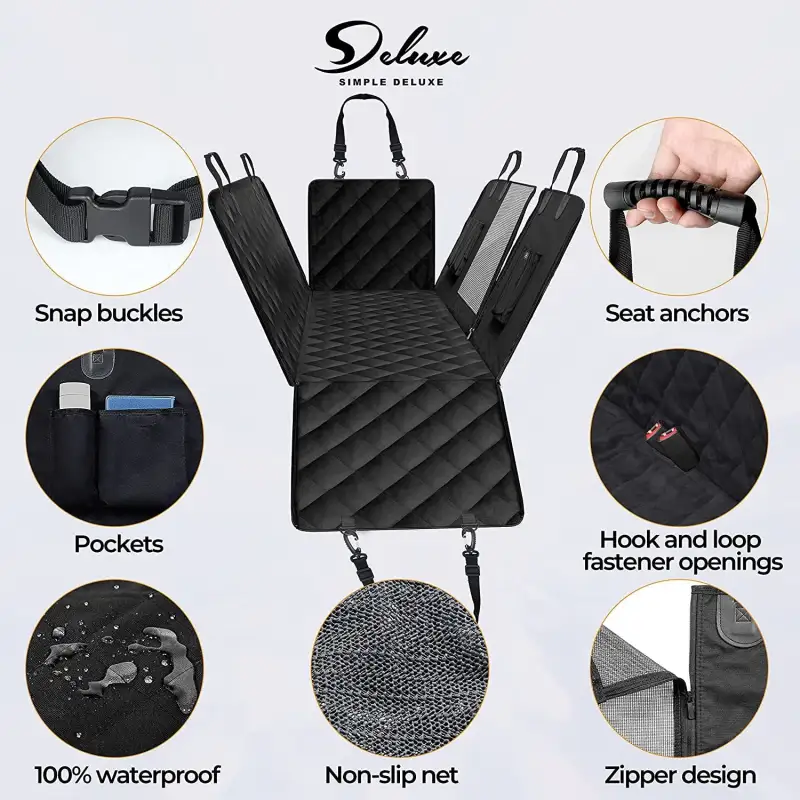 Simple Deluxe Dog Car Seat Cover for Back Seat; 100% Waterproof Pet Seat Protector with Mesh Window; Scratchproof & Nonslip Dog Hammock for Cars; Trucks; SUVs; Standard