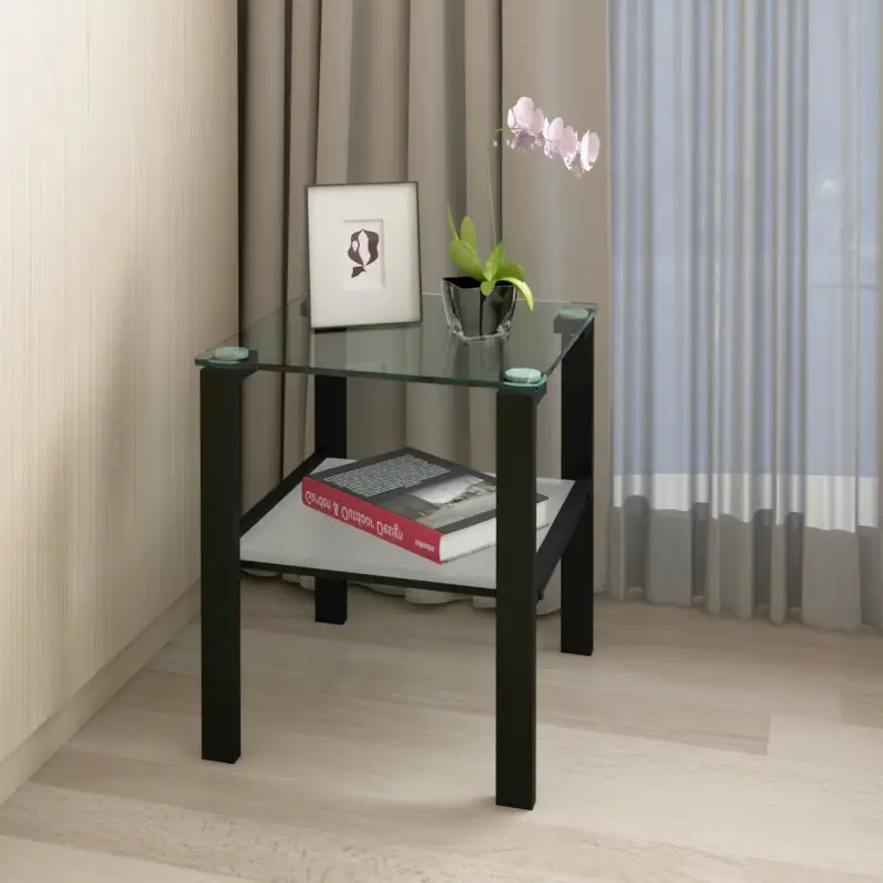 Glass two layer tea table; small round table; bedroom corner table; living room black side table
