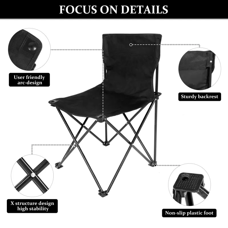 YSSOA Portable Folding Camping Chair with Carry Bag for Adults; Collapsible Anti-Slip Padded Oxford Cloth Stool for Beach; Hiking; Fishing; Gardening; Picnic Color: Black; Size: Large