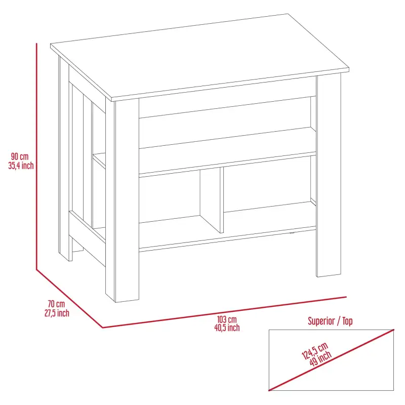 Cala Kitchen Island; Four Legs; Three Shelves -White / Light Oak