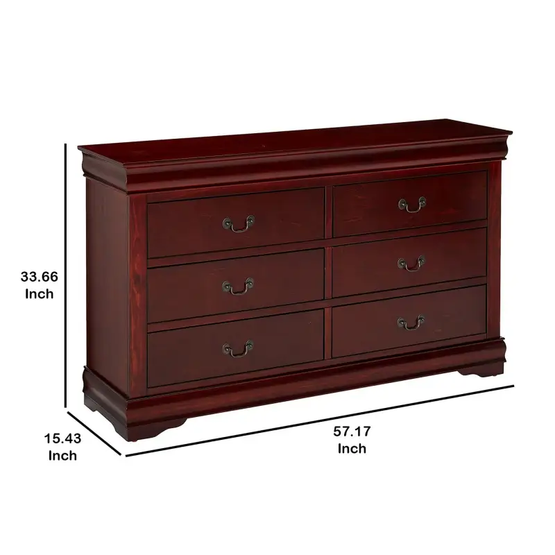 Traditional Style Wooden Dresser with Six Drawers; Cherry Brown
