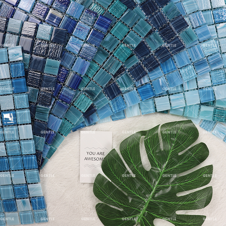 Custom 23X23mm Mixed Light Blue Hot melt Glass Mosaic Tiles