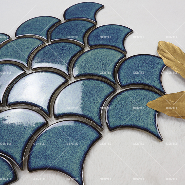 Retro Style Kiln Change Porcelain Mosaic Blue Fan Shape Swimming Pool Ceramic Mosaic Tiles For