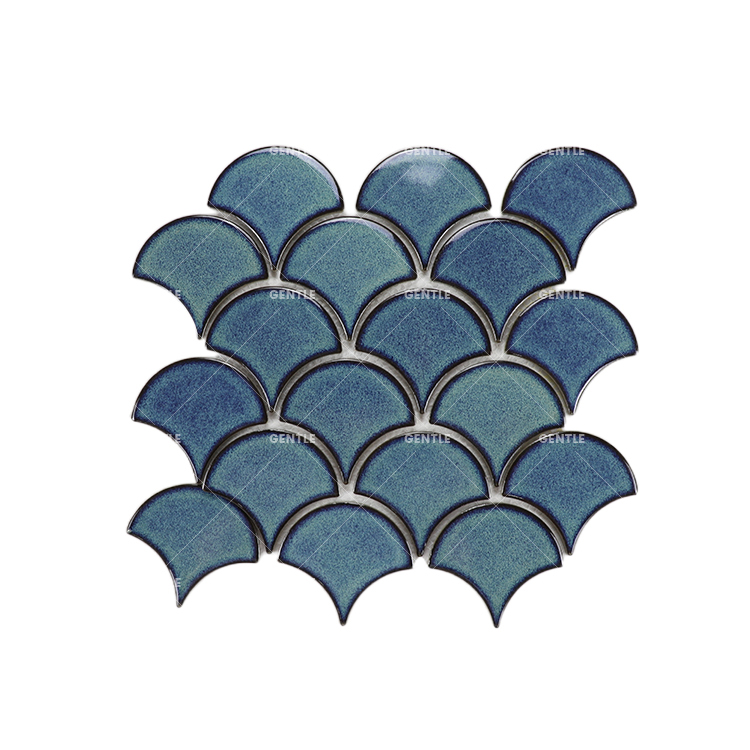 Retro Style Kiln Change Porcelain Mosaic Blue Fan Shape Swimming Pool Ceramic Mosaic Tiles For