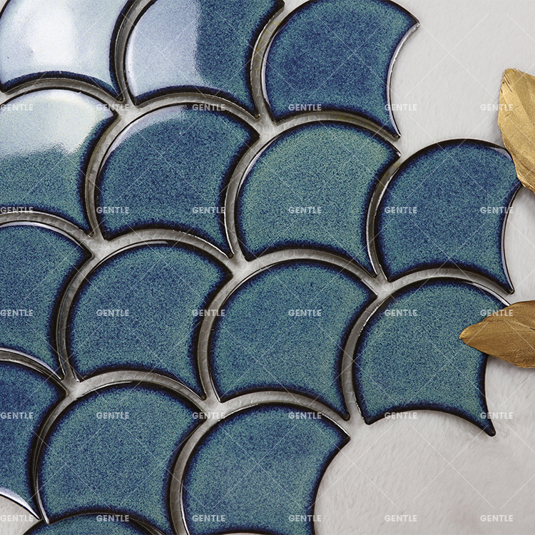 Retro Style Kiln Change Porcelain Mosaic Blue Fan Shape Swimming Pool Ceramic Mosaic Tiles For