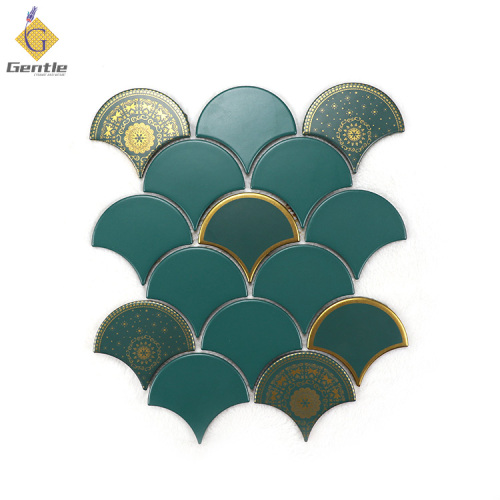 Customized Green With Gold Pattern Fan-shaped Ceramic Mosaic Tiles