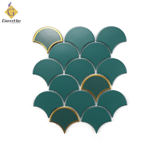 Wholesale Green With Gold Line Fan-shaped Ceramic Mosaic Tiles