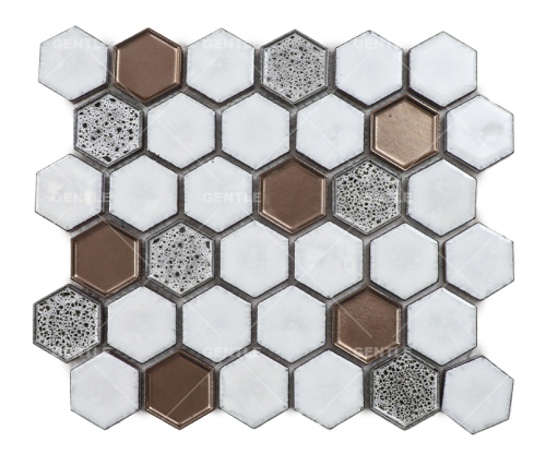 Custom White Grey And Gold Mixed Hexagonal Ceramic Mosaic Tiles