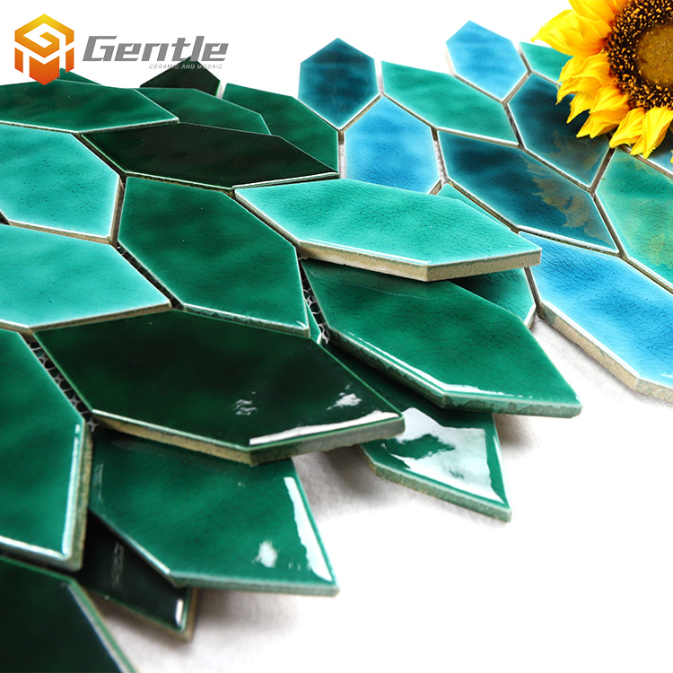 Custom Gold And Mixed Green Leaf Shape Ceramic Mosaic Tiles