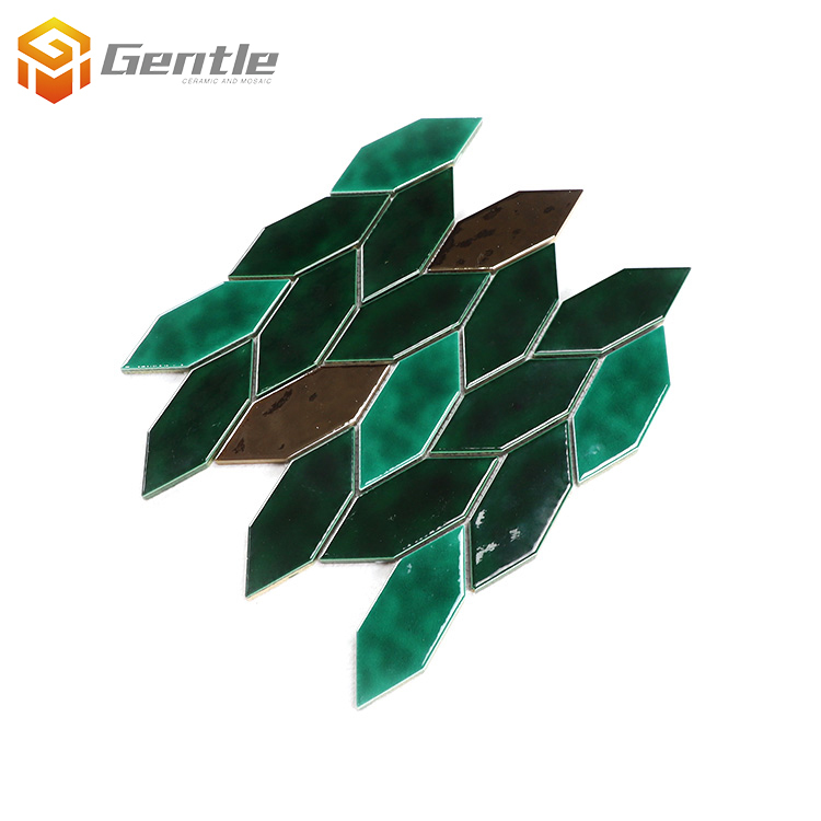 Custom Gold And Mixed Green Leaf Shape Ceramic Mosaic Tiles